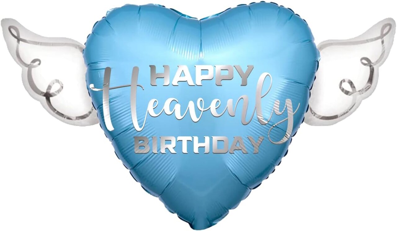 Blue “Happy Heavenly Birthday” Heart Balloon with Angel Wings – 17" Memorial & Remembrance Decoration (Blue)